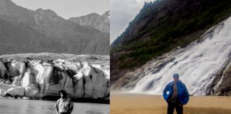Split screen of man standing in front of glacier, 30 years apart
