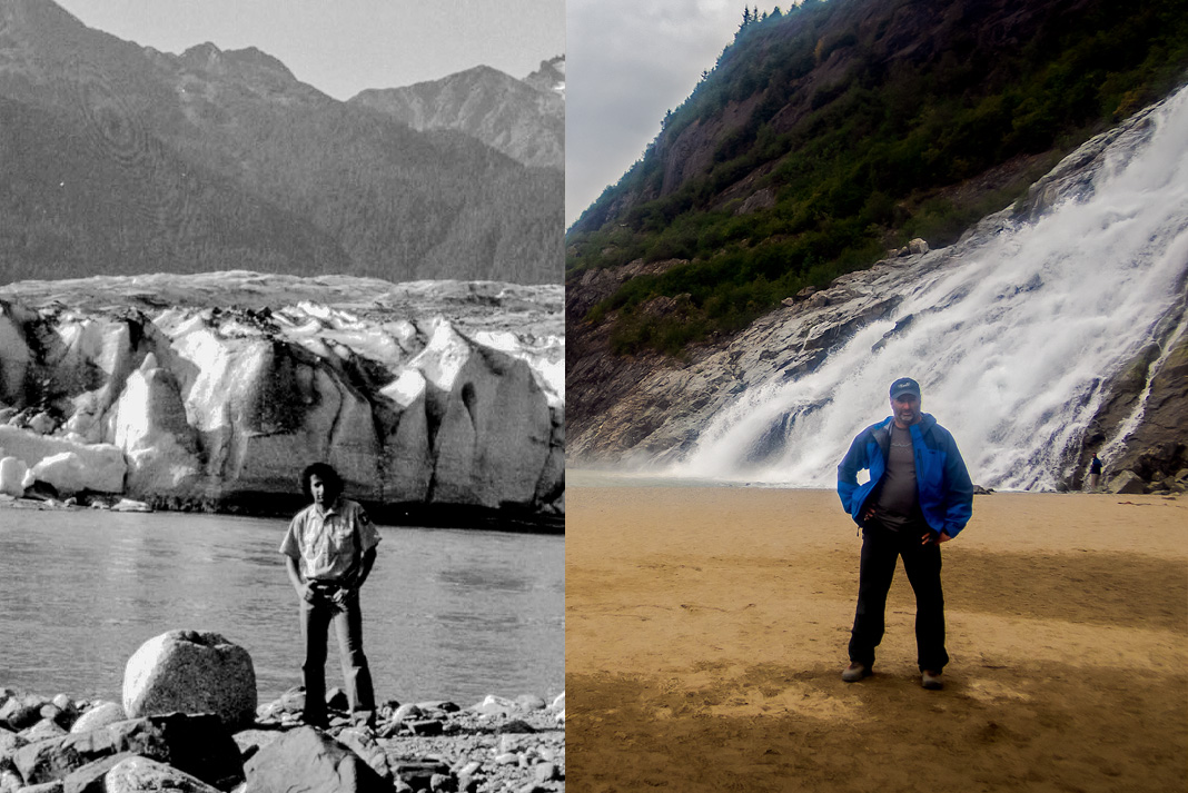 Split screen of man standing in front of glacier, 30 years apart