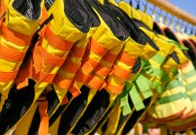Life jackets hanging on a rack