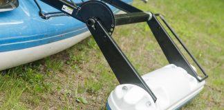 An outrigger on the side of a kayak