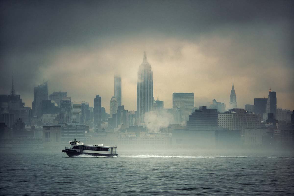 In the foggy New York harbor, visibility is key to avoid a kayak accident