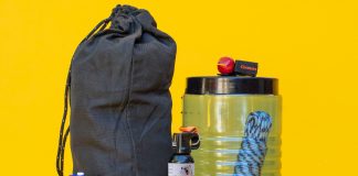 Camping gear for bear safety on a yellow background.