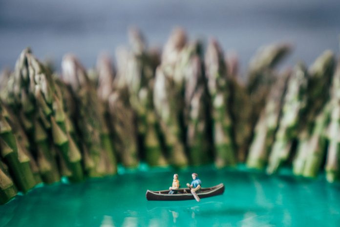 Macro photography setup with miniature canoeists and jell-o lake