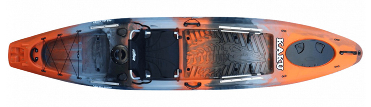 Overhead view of green and blue beginner fishing kayak