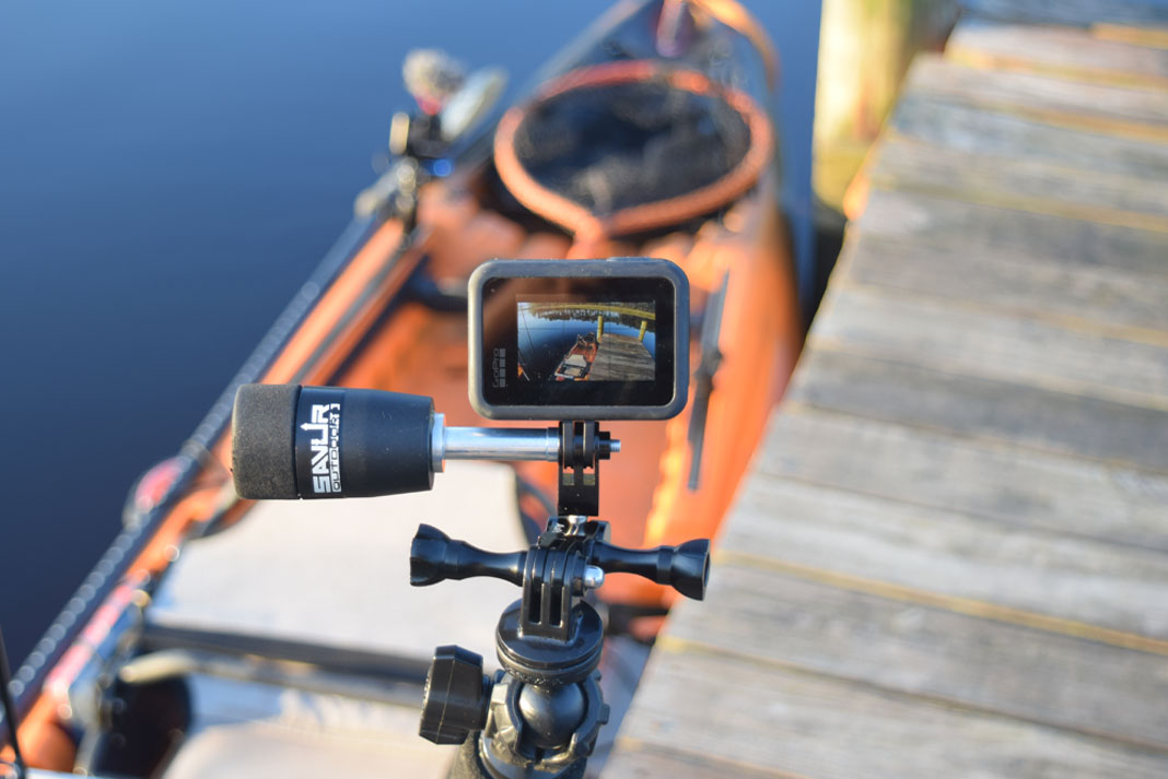 GoPro Hero action camera with rigging for backwater fishing