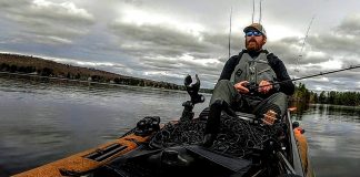 View from front of kayak of man fishing