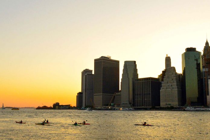 Silhouette of the New York City harbor