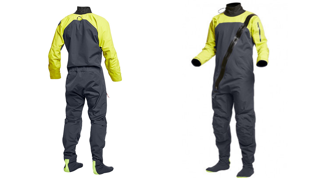 Front and back of black and green drysuit