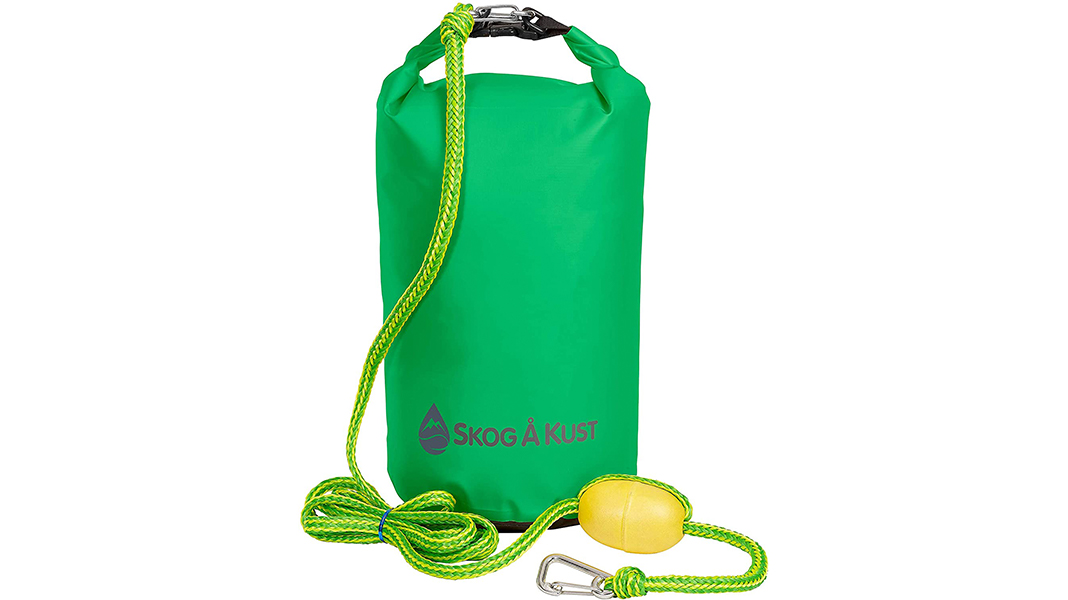 Green drybag with rope and buoy attached