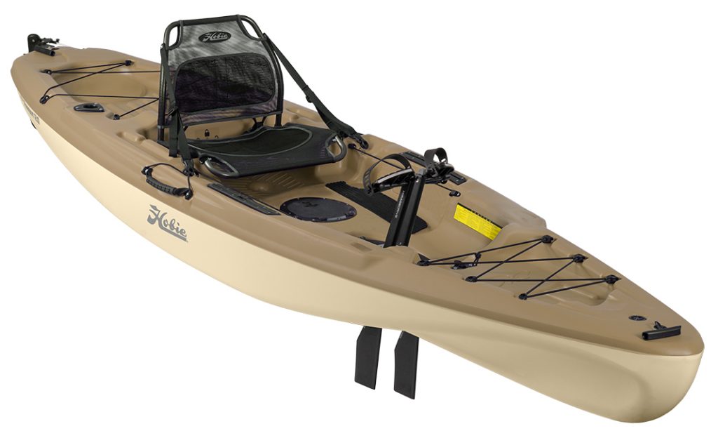 Hobie's upgraded Passport 12, in a new color called "Bay Sand", and now powered by the MirageDrive with Glide Technology & Kick-Up Fins.