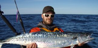 Kayak anglers mothership for big king mackerel off Hatteras, North Carolina. Photo: Justin Mayer