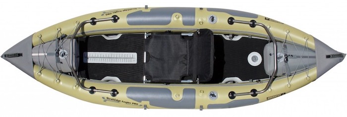 Overhead view of beige and grey inflatable 10-foot fishing k ayak