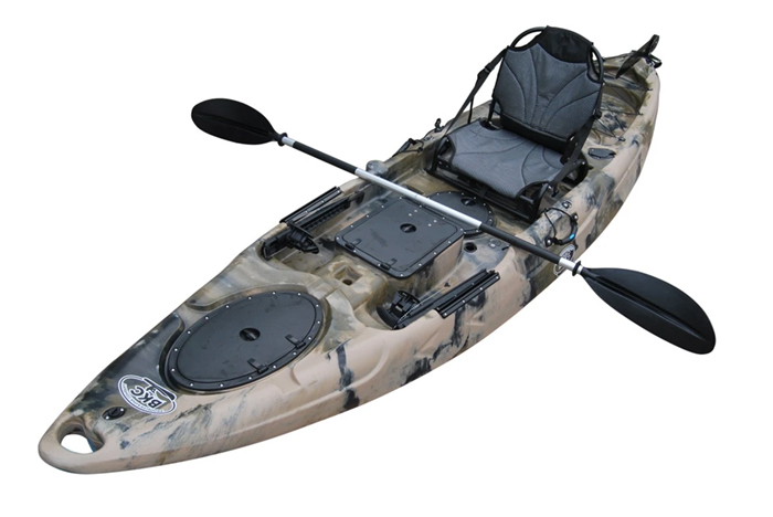 Side view of grey sit-on-top fishing kayak