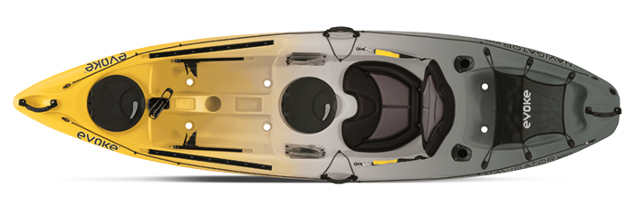 Overhead view of yellow and grey sit-on-top fishing kayak