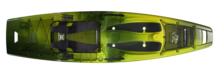 Overhead view of green sit-on-top fishing kayak
