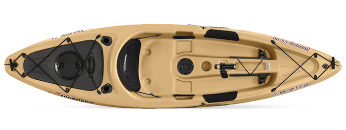 Overhead view of beige sit-on-top fishing kayak