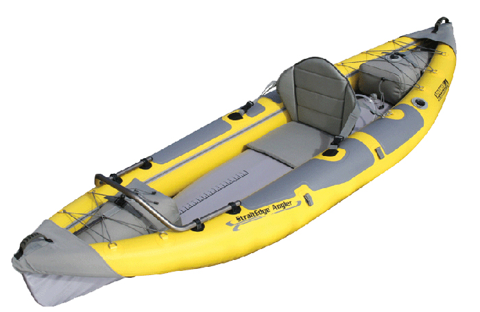 Side view of yellow and grey inflatable fishing kayak