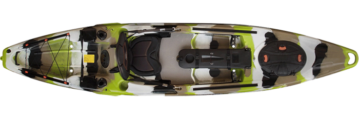 Overhead view of green, grey and white sit-on-top fishing kayak