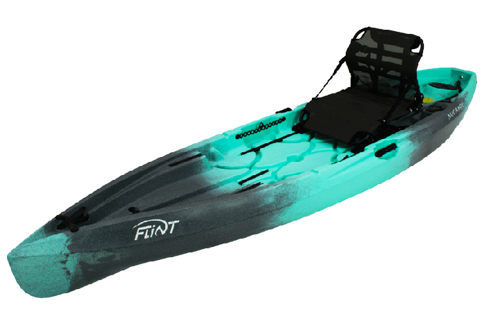 Side view of turquoise and black sit-on-top fishing kayak