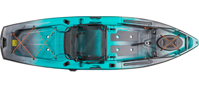 Overhead view of turquoise sit-on-top fishing kayak