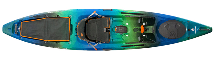 Overhead view of green and blue sit-on-top fishing kayak
