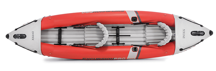 Overhead view of red and grey fishing kayak under $500