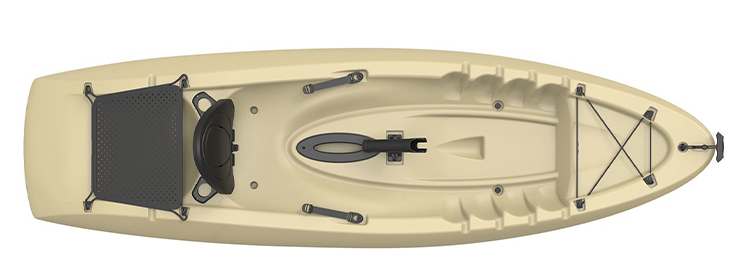 Overhead view of beige fishing kayak under $500