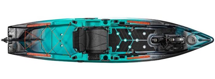 Overhead view of turquoise and black fishing kayak with motor