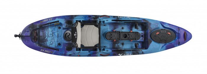 Overhead view of blue river fishing kayak