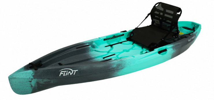 Side view black and turquoise saltwater fishing kayaks.