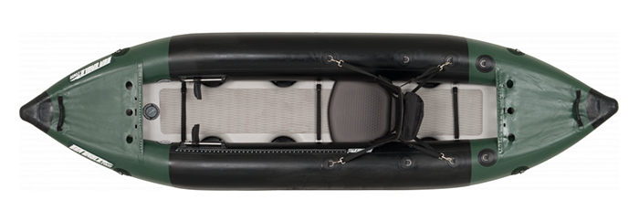Overhead view of green and black saltwater fishing kayak