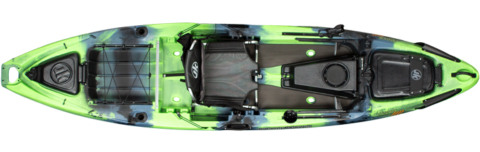 Overhead view of green sit-on-top fishing kayaks