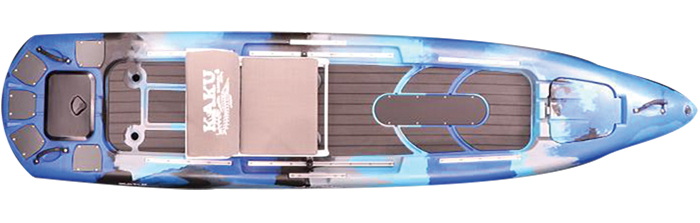 Overhead view of blue and white sit-on-top fishing kayak