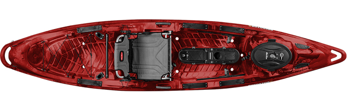 Overhead view of red sit-on-top fishing kayak