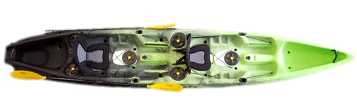Overhead view of green and black sit-on-top fishing kayak