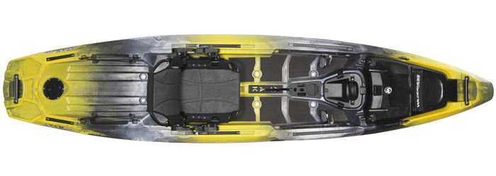 Overhead view of grey and yellow sit-on-top fishing kayak