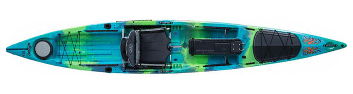 Overhead view of green and blue ocean fishing kayak