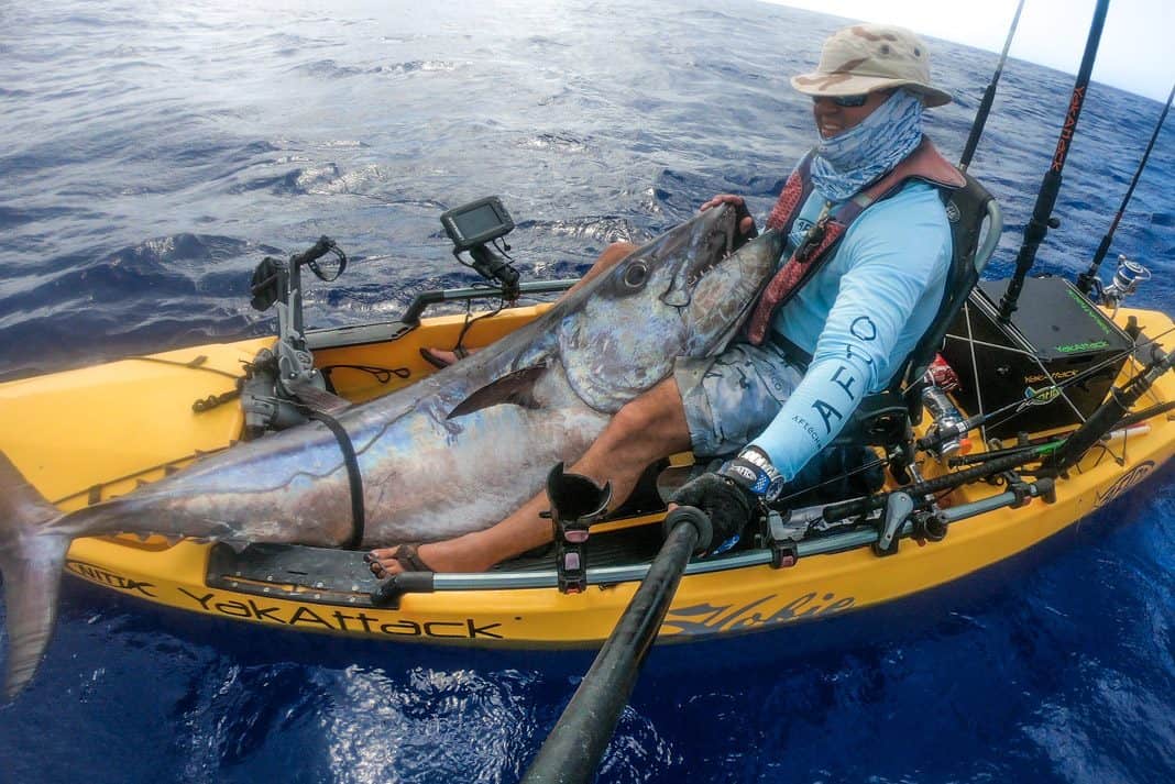 Kayak fisherman Raf Vargas showing his record breaking dogtooth tuna