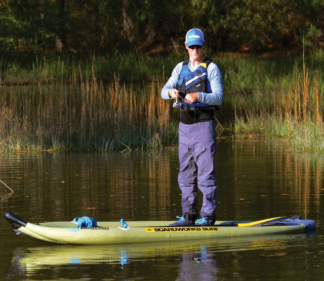The Badfisher inflatable SUP combines smart fishing features with east-to-use design. Photo: Kayak Kevin Whitley