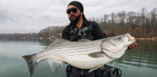 man in sunglasses holds up a large striped bass caught while kayak fishing