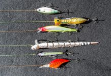 a selection of fishing hard baits laying on a grey background