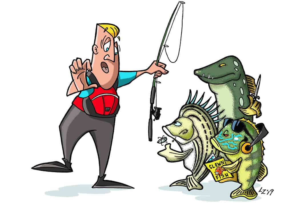 angler is confronted by fish with personalities