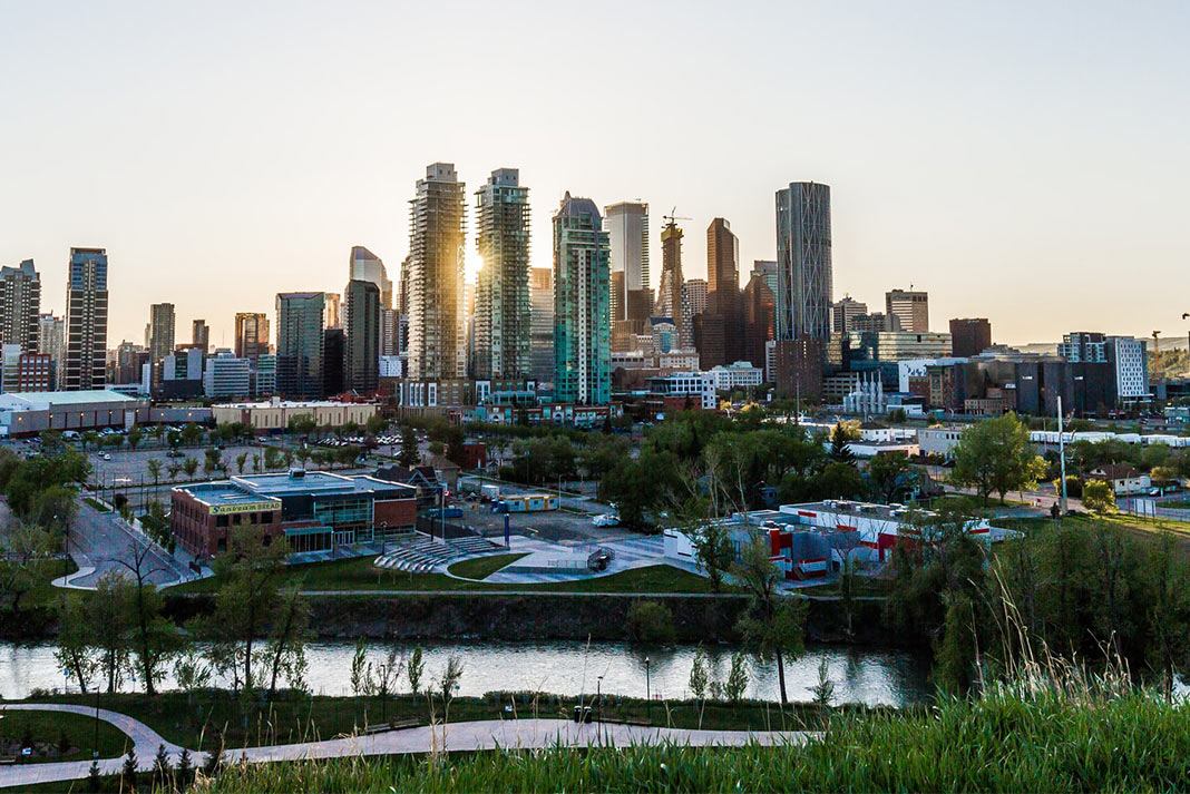 Cityscape of Calgary with the Bow River front and centre