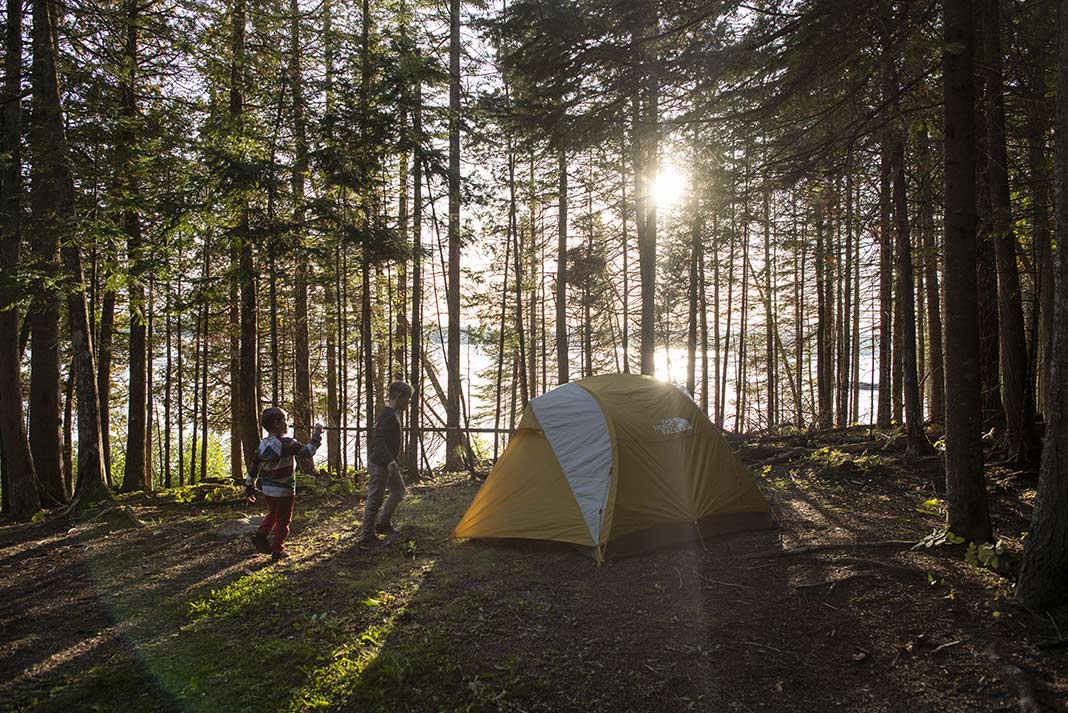 Sun shines through the trees at a Mont Tremblant camping site