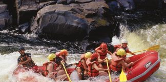 A group hits the whitewater rapids in Montreal