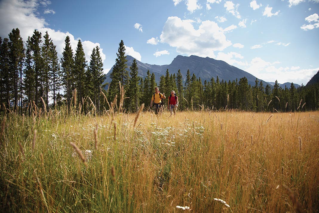 Two people backpacking in a meadow with mountain in background