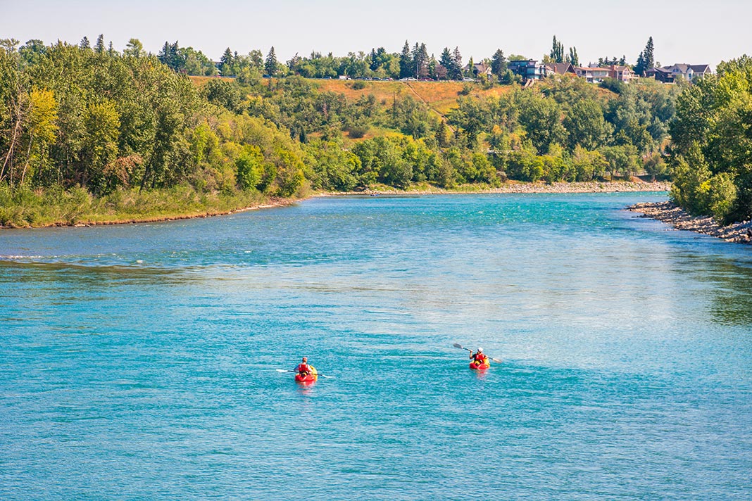 Photo of kayakers from above along the Bow River