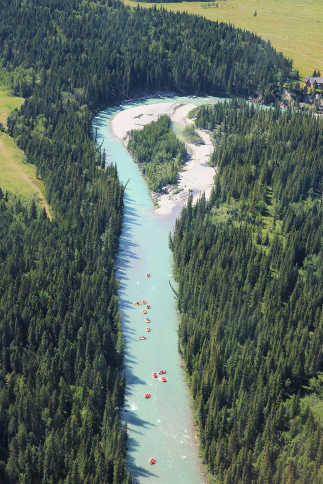 View of Bow River from above with rafts