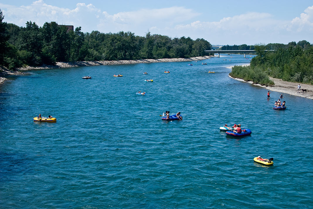 Bow River with many rafts on it