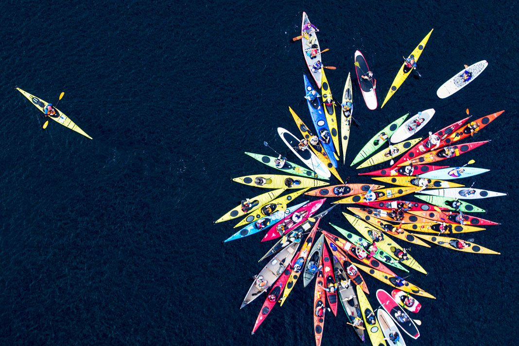 Overhead shot of many colored sea kayaks and paddleboards on the water, gathered together.